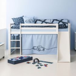 Hochbett HOPPEKIDS "«Cars»", weiß (weiß, dream blau, weiß, weiß), B:101cm H:9cm L:208cm, Bett: 100% Massivholz, Nordische Kiefer, Rutsche: MDF, Vorhang: 100% Baumwolle, Matratze: PU-Schaum, Matratzenbezug: 100% Baumwolle, Hochbetten, Hochbett, Rutsche & Vorhang Blau und viel Auswahl