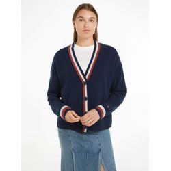 Strickjacke TOMMY HILFIGER "GLOBAL STP WOOL CASH CARDIGAN" Gr. S (36), blau (desert sky) Damen Strickjacken mit Tommy Hilfiger Global Stripe