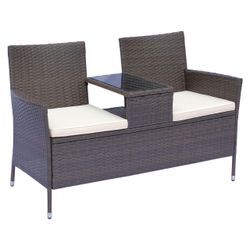 Polyrattan Gartenbank Gartensofa Sitzbank mit Tisch 2-Sitzer Stahl Braun