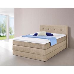 Boxspringbett HAPO, beige, Liegefläche B/L: 140cm x 200cm, kein Härtegrad, Bonnell-Federkernmatratze, Kopfteil, seitliche Unterbox und Obermatratze sind mit pflegeleichtem Feinstrukturstoff in Leinenoptik (100% Polyester) bezogen, Die Oberseite der Unterfederung und die Ober- und Unterseite der Obermatratze sind jeweils mit einem rutschhemmenden Stoff aus 100% Polyester bespannt., Komplettbetten, 