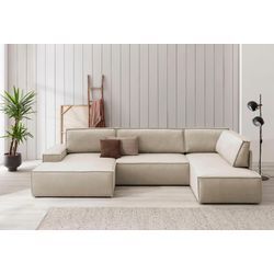 Wohnlandschaft HOME AFFAIRE "SHERWOOD XXL 329 cm, U-Form, Schlafsofa" Sofas Gr. B/H/T: 329cm x 85cm x 195cm, Samtvelours, Recamiere links, beige (cream) Schlaffunktion m. Bettkasten (194x139 cm), Cord, Vintage, Samtvelours