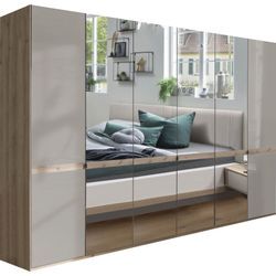 Drehtürenschrank WIEMANN "Barcelona", weiß (bianco, eiche nachbildung, glas champagner, kristallspiegel), B:295,2cm H:236cm T:58cm, Holzwerkstoff, Floatglas, Schränke, mit Spiegelfront und schmaler Bauchbinde