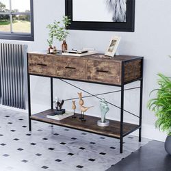 Brooklyn 3 Drawer Console Table Hallway Living Room Shelf Display Iron Legs, Dark Wood