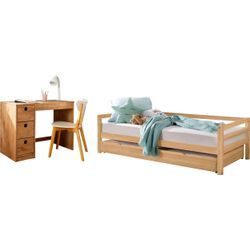 Jugendzimmer-Set LÜTTENHÜTT "Alpi" Schlafzimmermöbel-Sets beige (gebeizt, gewachst) Baby Daybed mit 2. Liegefläche und Schreibtisch Stauraum, platzsparend