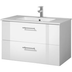 Waschtisch WELLTIME "Trento Badezimmerschrank mit Becken Bestseller", weiß (weiß hochglanz, weiß), B:80cm H:51,5cm T:47,5cm, Waschtische, Badmöbel in Breite 80 cm , Waschplatz mit 2 Schubladen, Badschrank