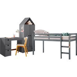 Jugendzimmer-Set LÜTTENHÜTT "Alpi" Schlafzimmermöbel-Sets grau Baby Hochbett, Schreibtisch und Kleiderschrank in Hausoptik, platzsparend