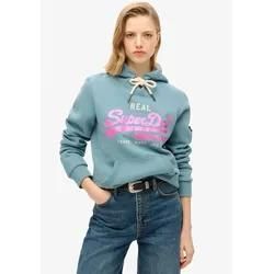 Kapuzensweatshirt SUPERDRY "EMBELLISHED VL GRAPHIC HOOD" Gr. XXS, blau (aegean blau) Damen Sweatshirts