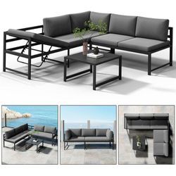 Sitzgruppe Aluminium Lounge Ecksofa mit Liegefunktion wetterfest Grau Tisch Balkonmöbel Outdoor