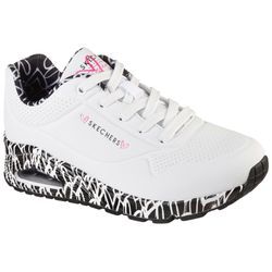 Sneaker SKECHERS "UNO LOVING LOVE", Damen, Gr. 35, schwarz-weiß (weiß, schwarz), Lederimitat, sportlich, Schuhe, mit Luftkammersohle, Freizeitschuh, Halbschuh, Schnürschuh