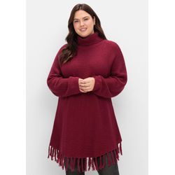 Gerippter Poncho-Pullover mit Fransensaum, beere, Gr.40/42