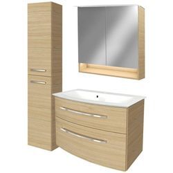 B.style Badmöbel Set mit Waschbecken mit Unterschrank 80 cm breit – Spiegelschrank Bad mit Beleuchtung und Hochschrank in Holz braun –