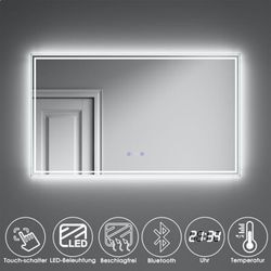 Led Badspiegel mit beleuchtung 120 touch Badezimmerspiegel led Spiegel mit Bluetooth 5.0,Beschlagfrei,Uhr,IP44 wandspiegel 120x70cm bad mit