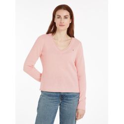 Strickpullover TOMMY HILFIGER "SOFT WOOL V-NK SWEATER" Gr. XXXL (46), pink (delicate heather), Damen, Obermaterial: 100% Wolle, Pullover mit V-Ausschnitt aus 100% Wolle