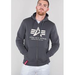 Kapuzensweatjacke ALPHA INDUSTRIES "BASIC ZIP HOODY", Herren, Gr. M, grau (grau, schwarz), angeraute Sweatware, Obermaterial: 80% Baumwolle, 20% Polyester, bedruckt, modisch, normal, Rundhals, Langarm eingesetzt Rippbündchen, Sweatjacken