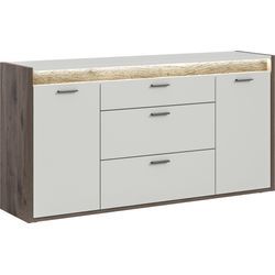 Sideboard INOSIGN "Treviso, Breite 167cm, inkl. Frontbeleuchtung, 2 Türen, 2 Einlegeböden", grau (nox oak dunkel, hellgrau nachbildung), B:167cm H:86cm T:40cm, FSC-zertifizierter Holzwerkstoff, Sideboards, 3 Schubkästen, Anrichte, Wohnzimmerschrank, Kommode