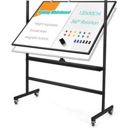 120x90cm Mobiles Whiteboard mit Staender & Flipchart, Hoehenverstellbares doppelseitiges Whiteboard mit abschliessbaren Rollen, um 360° drehbare