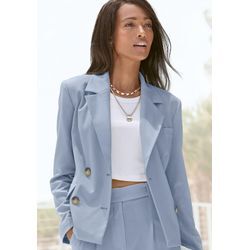 Kurzblazer LASCANA, Damen, Gr. 34, blau (hellblau), Web, Obermaterial: 64% Polyester, 32% Viskose, 4% Elasthan. Futter: 100% Polyester, unifarben, modisch, figurbetont hüftlang, Langarm, Blazer, mit doppelreihigem Knopfverschluss, Damenblazer, sportlich-elegant, Topseller