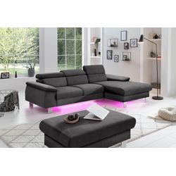 Ecksofa COTTA "Komaris L-Form" Sofas Gr. B/H/T: 244cm x 72cm x 166cm, Feinstruktur, Recamiere rechts, mit Bettfunktion-mit Bettkasten-mit RGB-LED-Beleuchtung, braun (mud) mit Kopfteilverstellung, wahlweise Bettfunktion,Stauraum & Beleuchtung