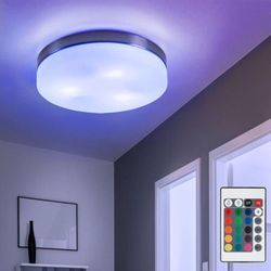 Deckenleuchte 3-Flammig Wohnzimmerlampe Decke Glas weiß Deckenlampe Metall, Fernbedienung dimmbar, 3x rgb led 4,8W 470Lm warmweiß, DxH 30x6,5 cm