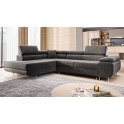 Ecksofa Monaco Samt Grau mit Bett Bettkasten Kopfteilverstellung Bett Sofa Schlafsofa Ottomane links