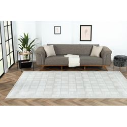 Teppich "My House", beige (creme, hellgrau, weiß), B:200cm H:10mm L:290cm, Polyester, MYFLAIR MÖBEL & ACCESSOIRES, Teppiche, Fransenteppich, Kurzflor, Retro-Style, besonders weich durch Microfaser, mit Fransen