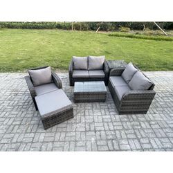 High Back Rattan Gartenmöbel Set mit Loveseat Sofa Rechteckiger Couchtisch Großer Fußhocker Beistelltisch Indoor Outdoor Patio Lounge Sofa Set