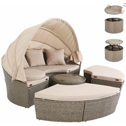 Sonneninsel Lounge Set ø185cm Polyrattan Faltbares Sonnendach Ausziehtisch 7cm Sitzauflagen Wetterfest Outdoor Sonnenliege Gartenliege Beige - Casaria