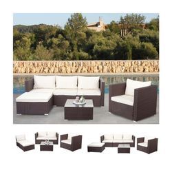 Poly-Rattan-Garnitur Busto, Gartengarnitur Sitzgruppe Sofa Lounge-Set ~ braun, Kissen creme