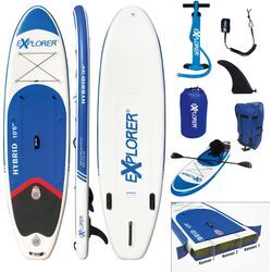 SUP-Board EXPLORER "Hybrid 10.6 Doppelkammer Komplettset" Gr. 320, blau (blau, weiß), Wassersportboards, 320x84x15cm 320cm, Kunststoff, mit Paddel, Kajaksitz, Pumpe, Fangleine, Packsack