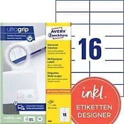 AVERY Zweckform ultragrip Universaletiketten 3484 Selbsthaftend DIN A4 Weiß 105 x 37 mm 100 Blatt à 16 Etiketten