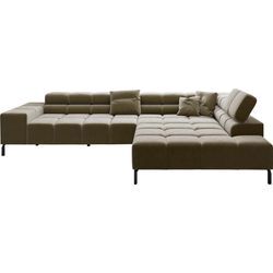 Ecksofa INOSIGN "Ancona New, wahlweise motorische Sitztiefenverstellung, auch Cord", grün (oliv), B:321cm T:216cm, 100% Polyester, Sofas, Ecksofa, feine Steppung, mit Kopfteilverstellung, 3 Zierkissen, L-Form