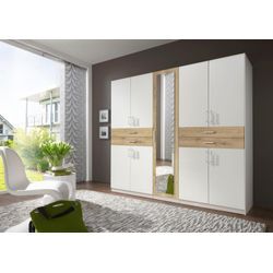 Kleiderschrank WIMEX "Taiga Kleiderschrank mit Spiegel OTTOs Choice Topseller", weiß (weiß, plankeneichefarben), B:225cm H:210cm T:58cm, Spanplatte, Schränke, mit Schubladen auf bequemer Höhe, Garderobe Schlafzimmerschrank, Topseller