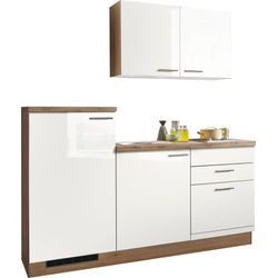 Küchenzeile KOCHSTATION ""KS-Kapro"" Komplettküchen-Sets Gr. B/H/T: 180cm x 87cm x 58cm, Küchenzeile, Kühlschrank links, weiß (küche: weiß, ei.ast, korpus: eiche astig, arbeitsplatte: astig) vormontiert, mit E-Geräten, Stellbreite 180 cm