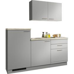 Küchenzeile KOCHSTATION ""KS-Kapro"" Komplettküchen-Sets Gr. B/H/T: 180cm x 87cm x 58cm, Küchenzeile, Kühlschrank links, grau (küche: hgrau/bet + korpus: beton steinweiß arbeitsplatte: steinweiß) vormontiert, mit E-Geräten, Stellbreite 180 cm