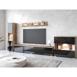 Wohnwand INOSIGN "PARIS", schwarz (kastanien breslau, schwrz hochglanz), B:300cm H:130cm T:33cm, Holzwerkstoff, Hartfaserplatte, Kastenmöbel-Sets, TV-Wand 300cm breite, grifflose Design, stehend und hängend montierbar