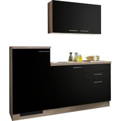 Küchenzeile KOCHSTATION ""KS-Kapro"" Komplettküchen-Sets Gr. B/H/T: 180cm x 87cm x 58cm, Küchenzeile, Kühlschrank links, schwarz (küche: schw, b.ei, korpus: bergeiche, arbeitsplatte: bergeiche) vormontiert, mit E-Geräten, Stellbreite 180 cm