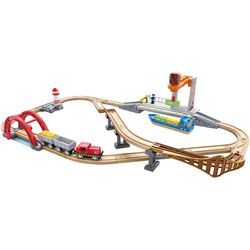 Spielzeug-Eisenbahn HAPE "Bahn- und Seefracht Set", bunt, Spielzeugfahrzeuge, KinderB:93,2cm H:20,8cm, Holz, Kunststoff, Metall, mit Licht- und Soundeffekten, B:93,2cm H:20,8cm