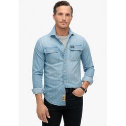 Langarmhemd SUPERDRY "EMBROIDERED WORKWEAR SHIRT" Gr. M, N-Gr, blau (heavy wash), Herren, Web, Obermaterial: 100% Baumwolle, unifarben, Hemden