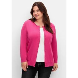 Strickjacke SHEEGO "Große Größen", Damen, Gr. 44, pink (fuchsia), Obermaterial: 100% Baumwolle, unifarben, casual, figurbetont normal, Langarm, Strickjacken, aus Baumwolle, mit Knopfleiste