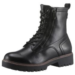 Schnürboots TAMARIS Gr. 39, schwarz, Damen, Glattleder, Lederimitat, unifarben, Schuhe, Blockabsatz, Schnürstiefelette, Combat-Boots mit Kontrast-Rahmennaht, Topseller