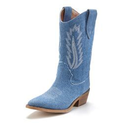 Cowboy Boots LASCANA, Damen, Gr. 36, blau (denimblau), Obermaterial: 95% Textilmaterial, 5% Rindsleder. Futter: 100% Lederimitat. Decksohle: 100% Lederimitat. Laufsohle: 100% Synthetik, unifarben, casual, Schuhe Cowboystiefel Schlupfstiefel, Cowboy Stiefelette, Western Stiefelette, Ankleboots im Denim-Look