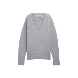 TOM TAILOR DENIM Damen Relaxed Strickpullover mit V-Ausschnitt, grau, Uni, Gr. XXL