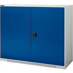 Schäfer Shop Genius Flügeltürenschrank FS, Stahl, mit Belüftungslöchern, B 1343 x T 520 x H 1105 mm, 3 OH, Lichtgrau/Enzianblau, bis 450 kg