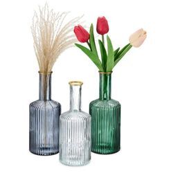 Relaxdays - Vasen aus Glas, im 3er Set, Blumenvasen in Flaschenform, h x d: 20,5 x 8 cm, Dekovasen gerillt, mehrfarbig