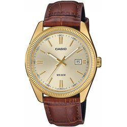 Quarzuhr, braun (braun, champagnerfarben), CASIO TIMELESS COLLECTION, Armbanduhren, Herren, Armbanduhr, Herrenuhr, Lederarmband, analog, Tag, Neo-Display