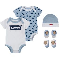 Kurzarmbody LEVI'S KIDS "Neugeborenen-Geschenkset BATWING 5PC SET" Gr. 1 (62/68), N-Gr, blau (chambray blau heather), Baby, Jersey, Obermaterial: 100% Baumwolle. Accessoire: 62% Baumwolle, 34% Polyester, 4% Elasthan, Bodies, UNISEX