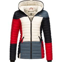 Steppjacke NAVAHOO "Multikulti", Damen, Gr. S (36), blau, Obermaterial: 100% Nylon, Futter: 100% Polyester, Wattierung: 100% Polyester, Ärmelfutter: 100% Polyester, colorblocking, modisch, tailliert hüftbedeckend, Langarm Ärmel ohne Ärmelschlitz Rippstrickbündchen kontrastfarben, Jacken, stylische Colorblocking Übergangsjacke m. Kapuze