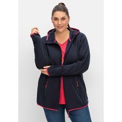 Strickjacke SHEEGO "Große Größen", Damen, Gr. 40/42, blau (tiefblau), Obermaterial: 75% Polyester, 20% Baumwolle, 5% Elasthan, unifarben, sportlich, figurumspielend normal, Langarm, Strickjacken, atmungsaktiv und schnelltrocknend