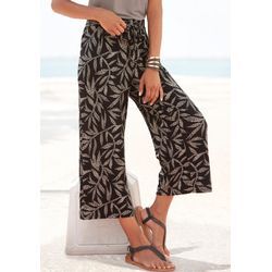 Culotte LASCANA, Damen, Gr. 34, N-Gr, schwarz (schwarz, sand bedruckt), Jersey, Obermaterial: 95% Viskose, 5% Elasthan, bedruckt, modisch, figurumspielend 7/8-Länge, Hosen, mit Blätterdruck, luftige Sommerhose in 7/8-Länge, Strandhose