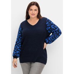 V-Ausschnitt-Pullover SHEEGO BY JOE BROWNS "Große Größen" Gr. 40/42, blau (tiefblau gemustert) Damen Pullover mit gemusterten Ballonärmeln